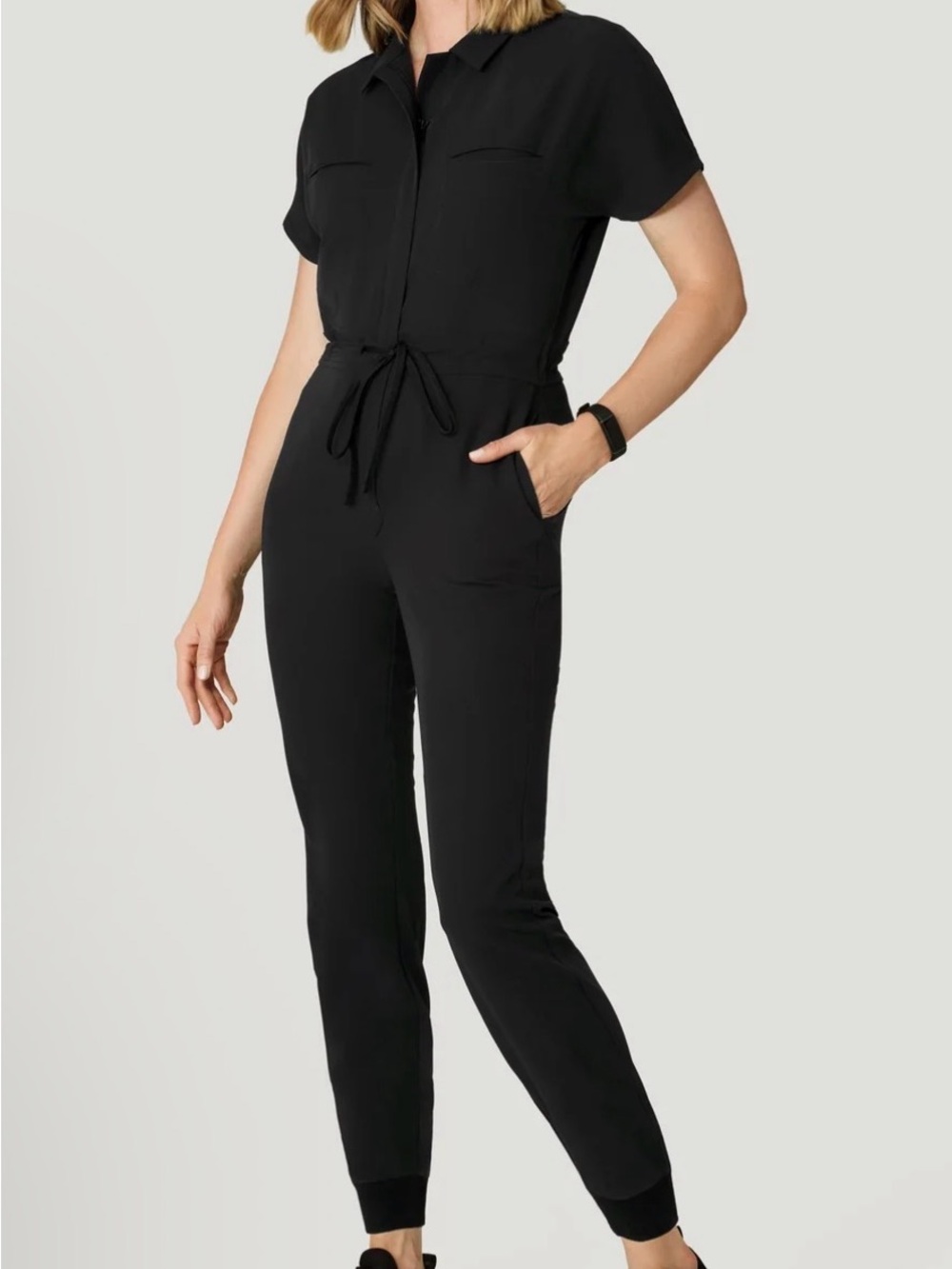 Short-Sleeve Drawstring Black Jumpsuit